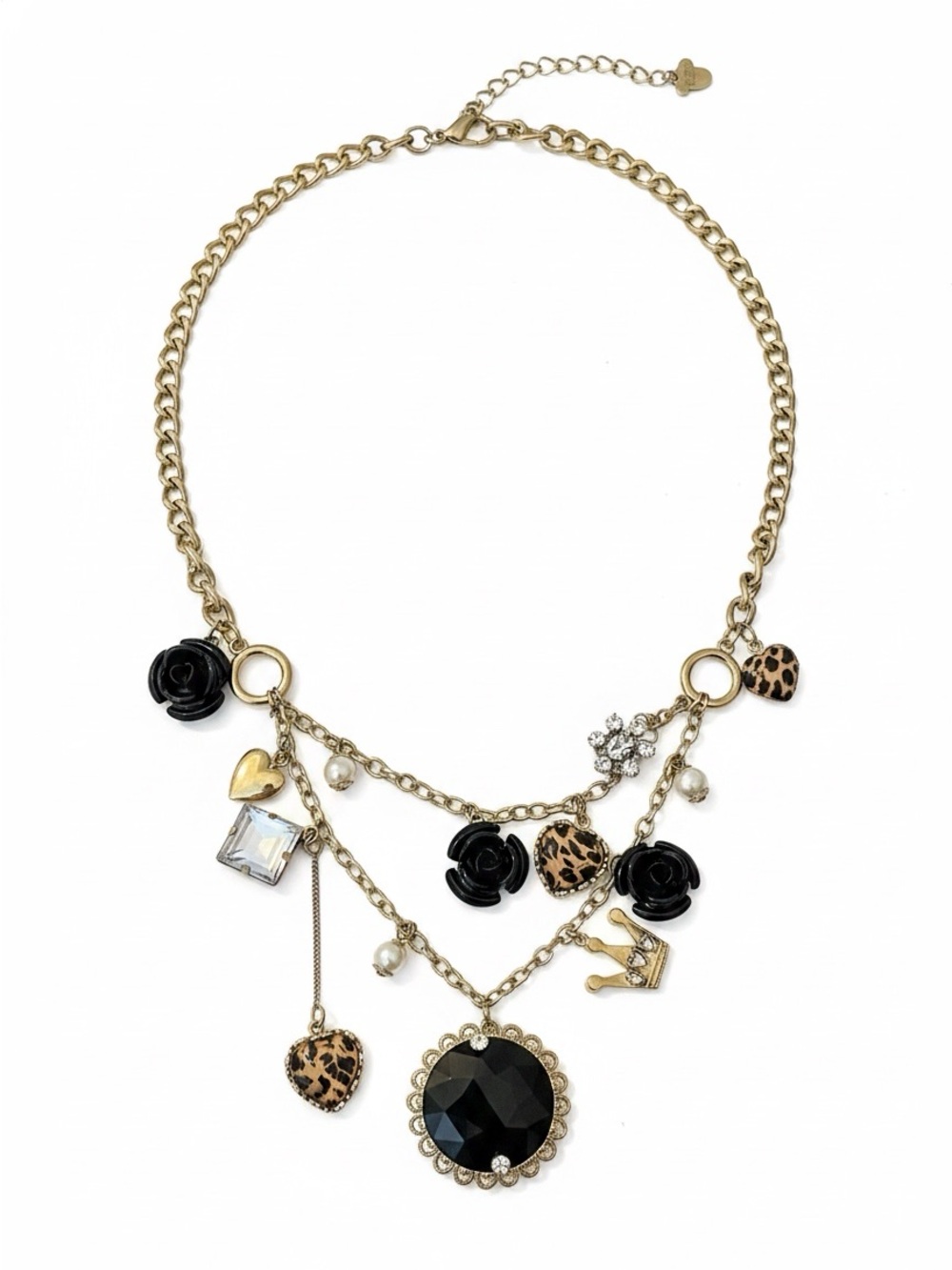 Betsey Johnson Vintage Statement Necklace with Black Gem & Leopard Heart Charms